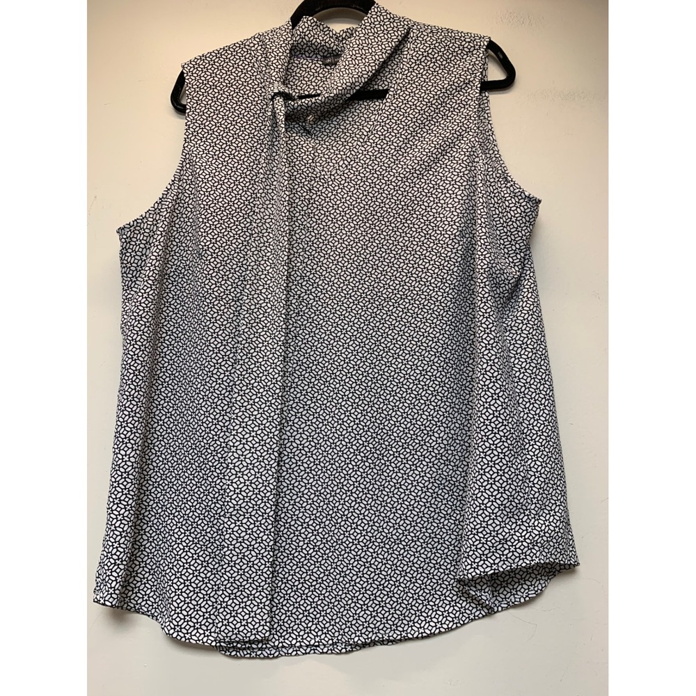Adrianna Papell Blouse Womens XL Black White Excellent Tie Neck Geometric Shell